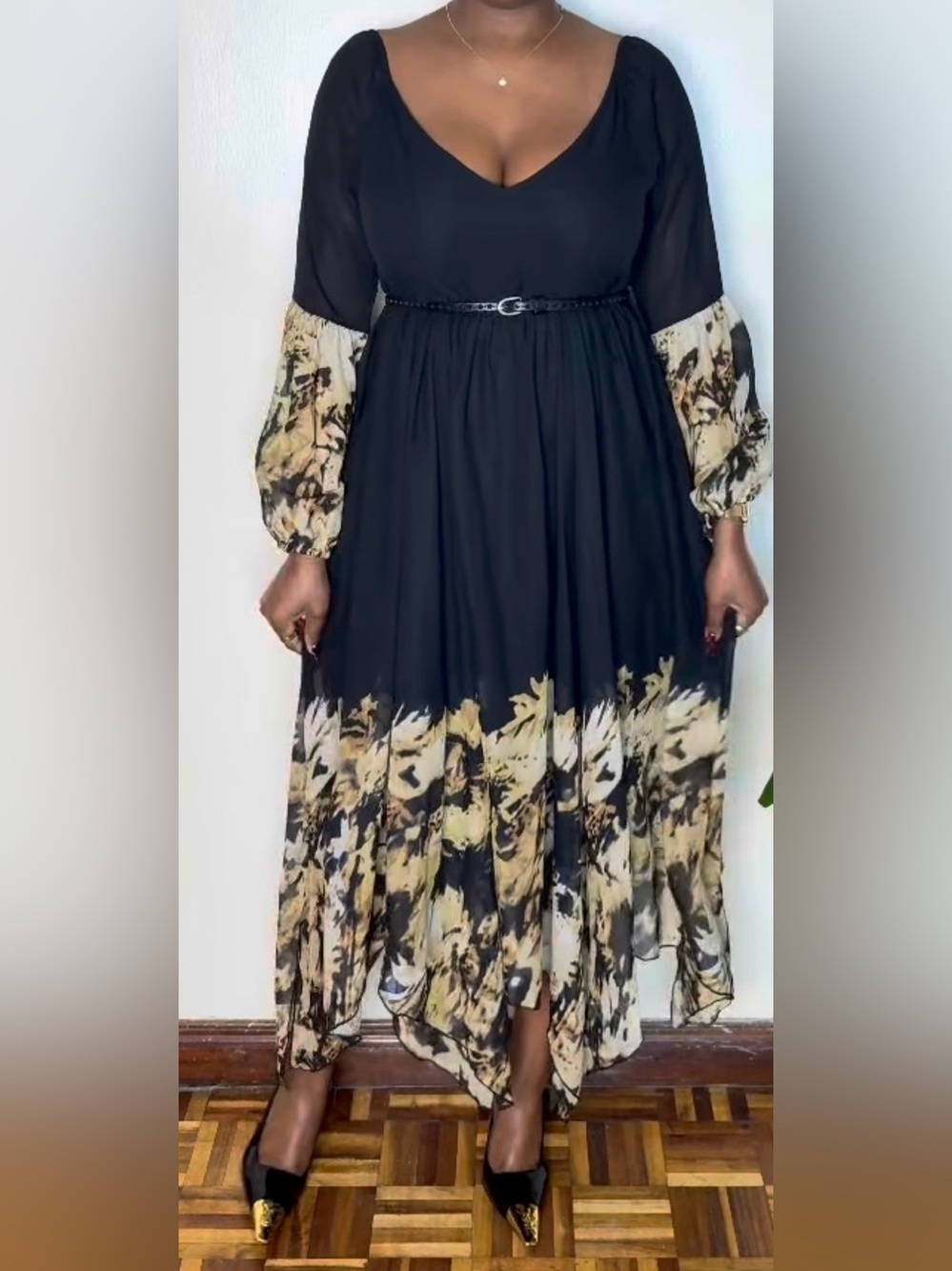Black Boho Fairy Maxi Dress Floral Sheer Balloon Sleeve Handkerchief Hem